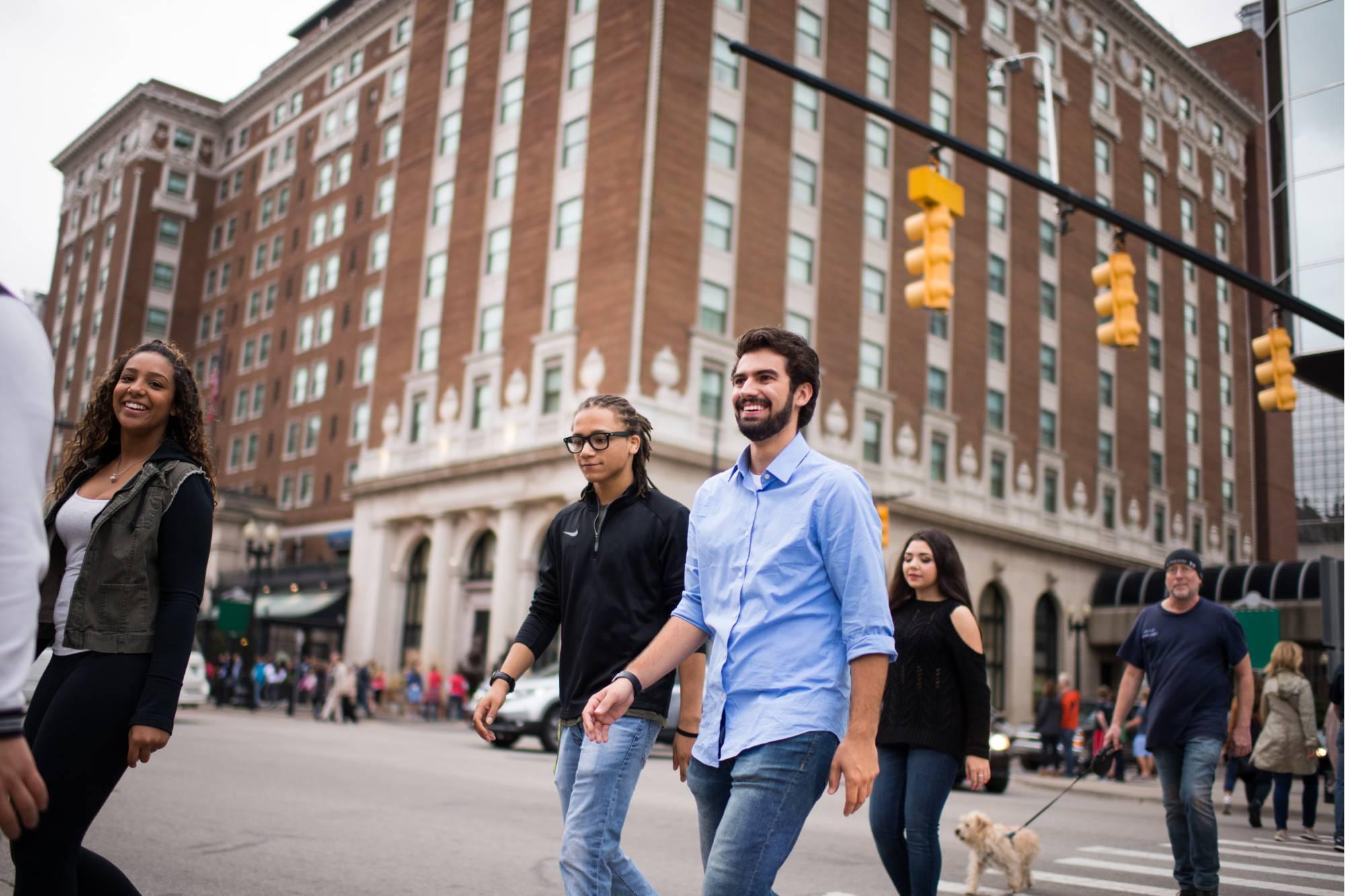 GVSU students exploring downtown Grand Rapids.